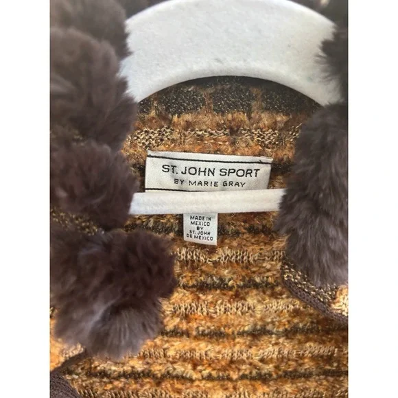 St John Sport Knit Long coat jacket multi brown with fur trim belt NWOT Small‎